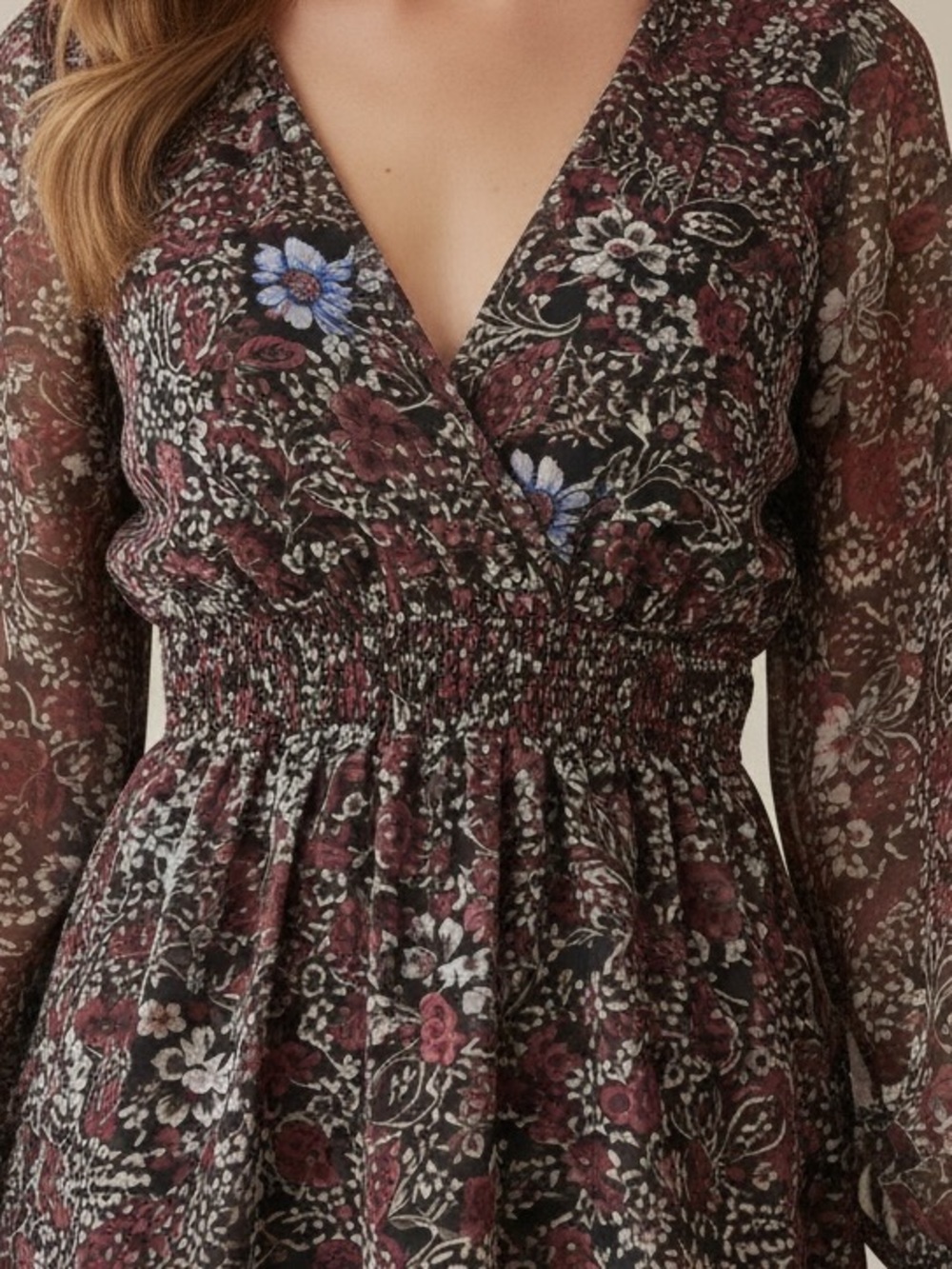 NWT BLACK TAPE Floral V-Neck Long Sleeve Ruffle Hem Lined Dress Size Small - Picture 3 of 5